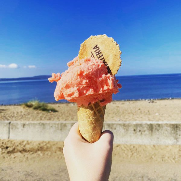 pink_gelato_cone_llanelli_beach_square gelato cone overlooking llanelli beach