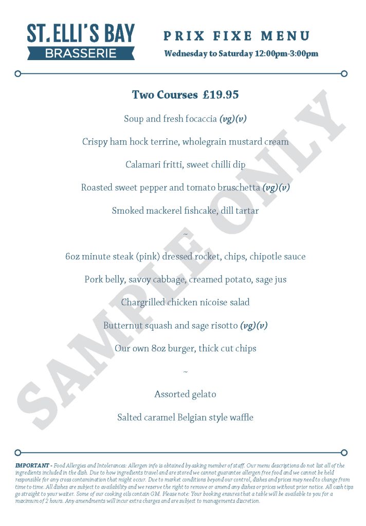 St Ellis Bay Lunch Menu, Fixed price 2 course set menu, served Wednesday-Saturday, 12pm - 3pm.