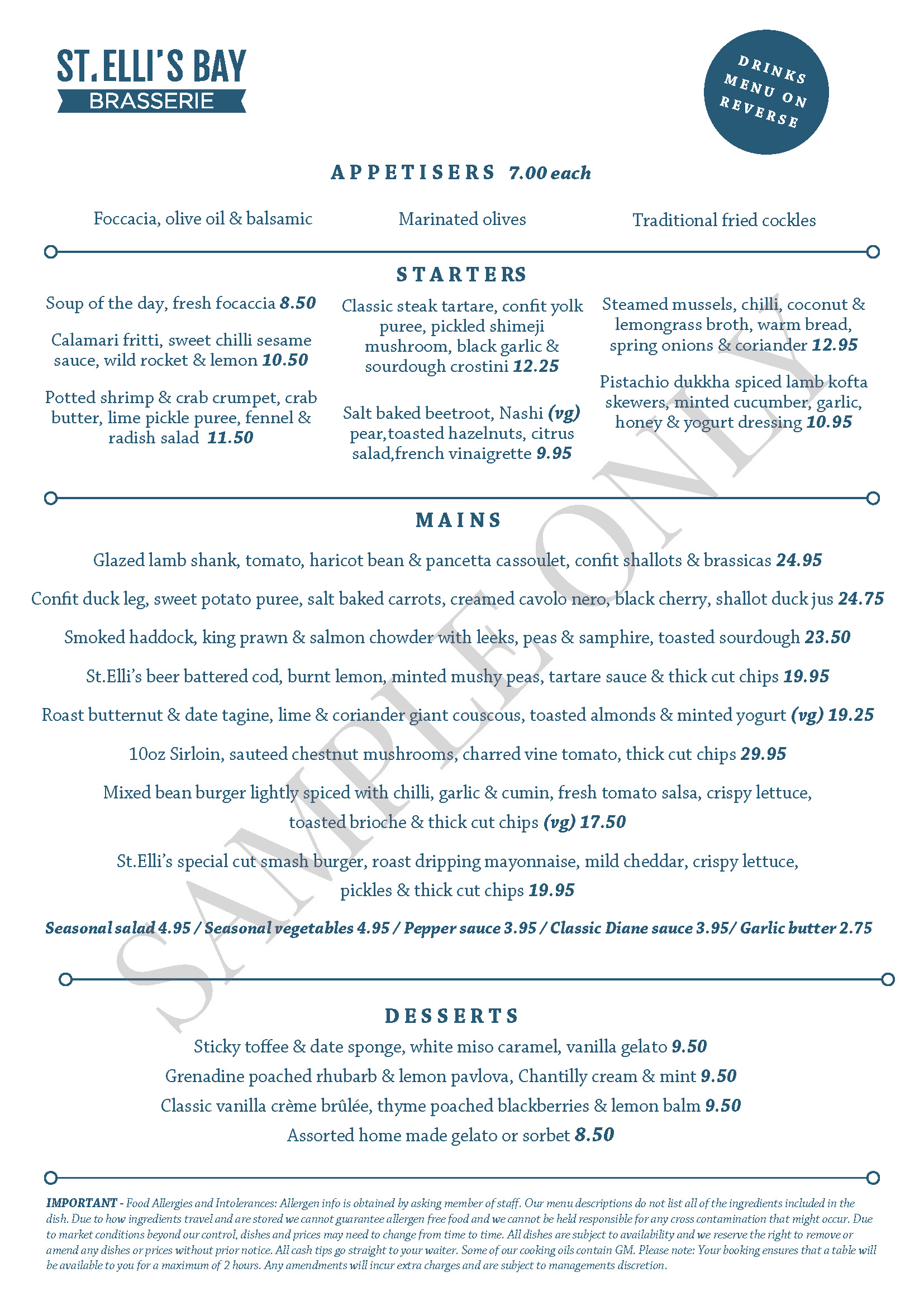 St Ellis Bay Llanelli Brasserie Menu a la carte