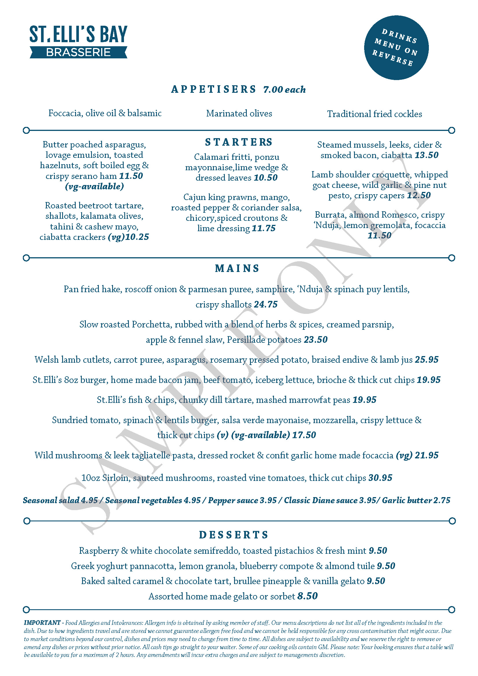 St ellis bay brasserie a la carte menu