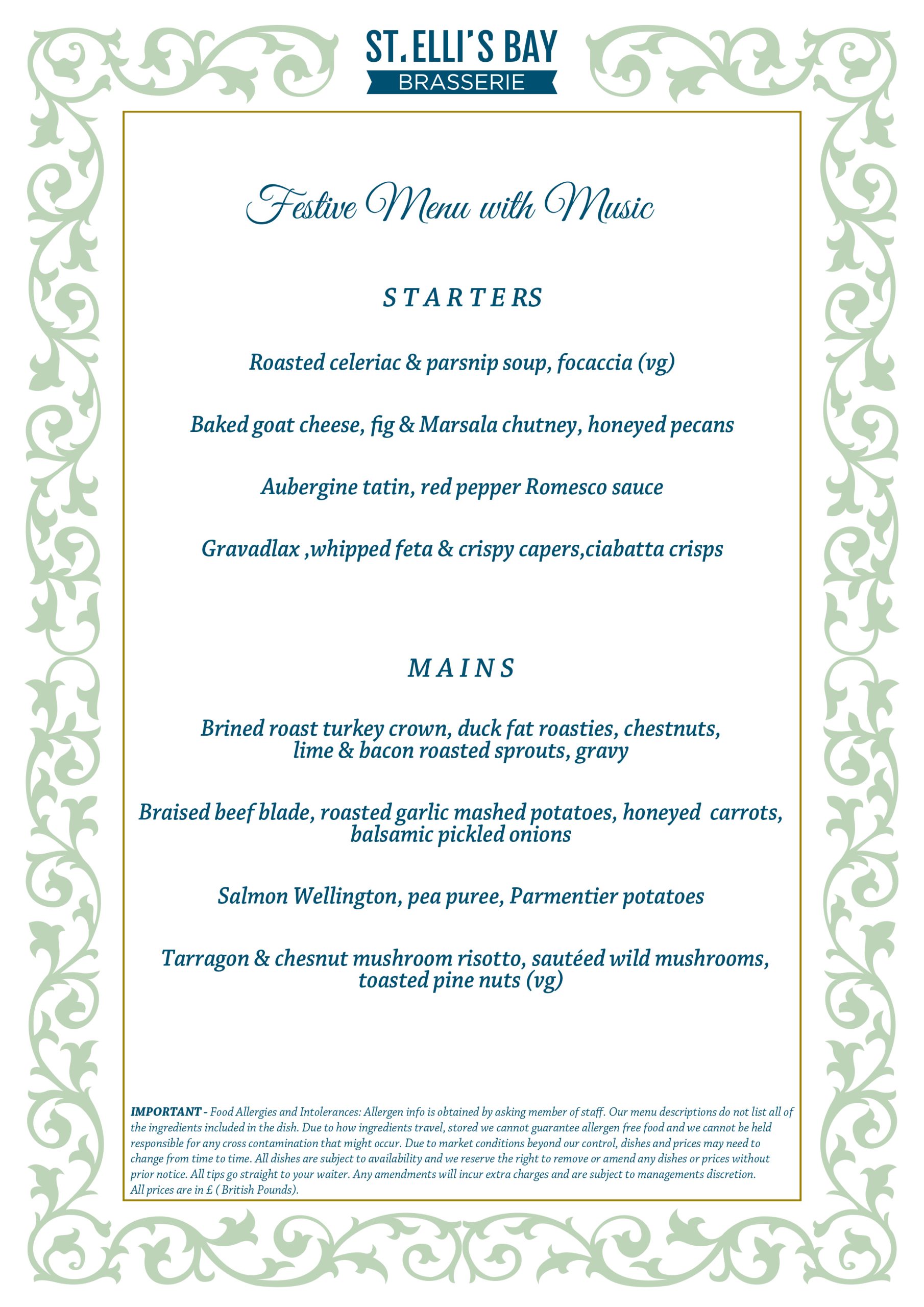 festive music night 2 course menu