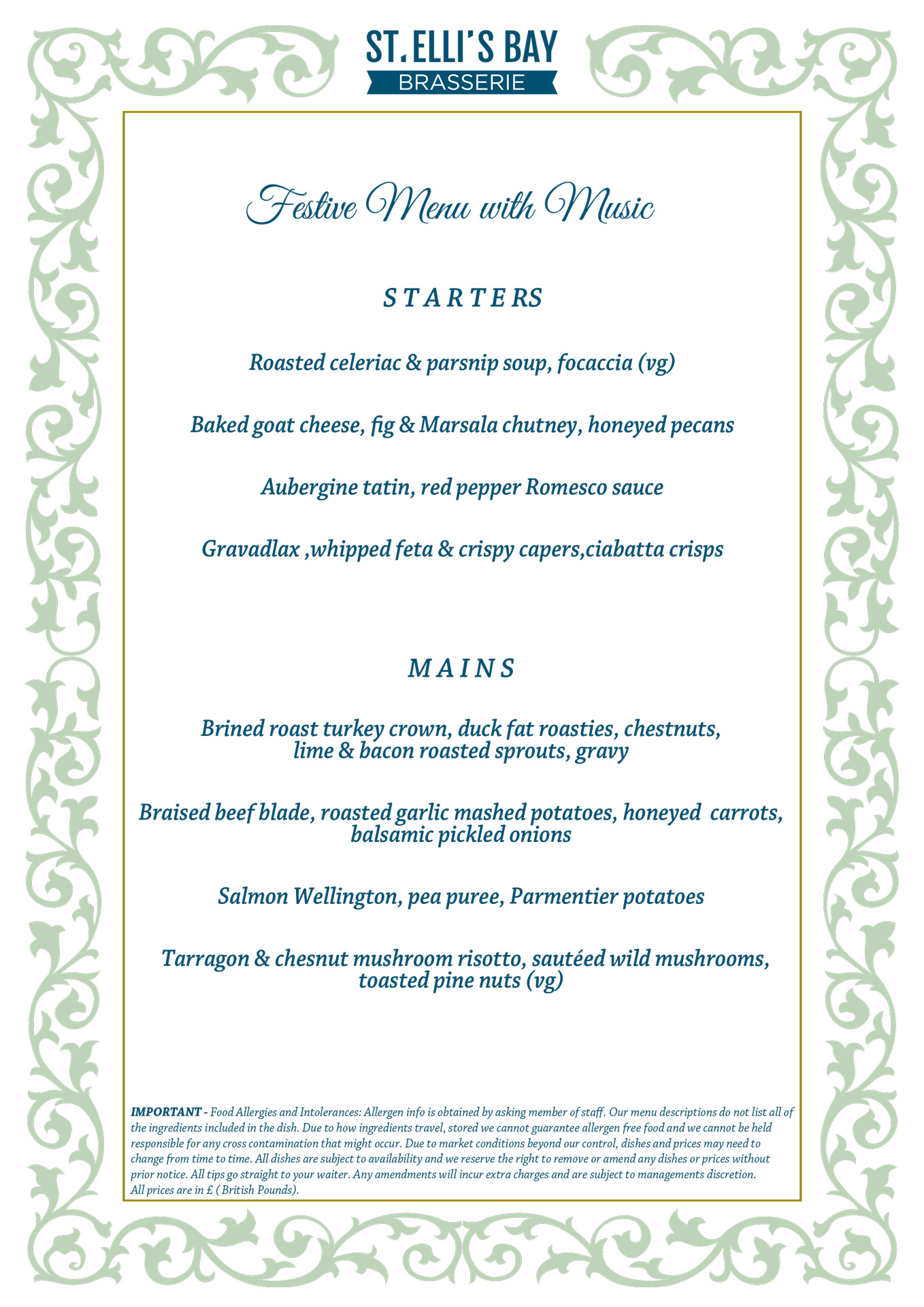 Festive party menu, music nights, christmas parties at st ellis bay llanelli