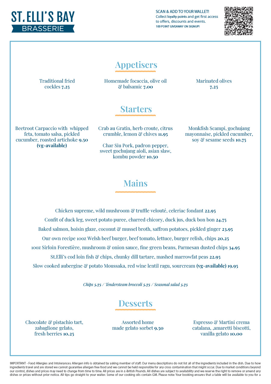 st ellis bay restaurant llanelli a la carte menu